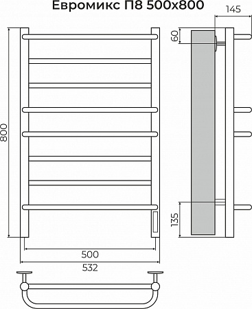 Евромикс П8 500х800 электро КС ЧЕРНЫЙ МУАР Полотенцесушитель TERMINUS Березники - фото 3